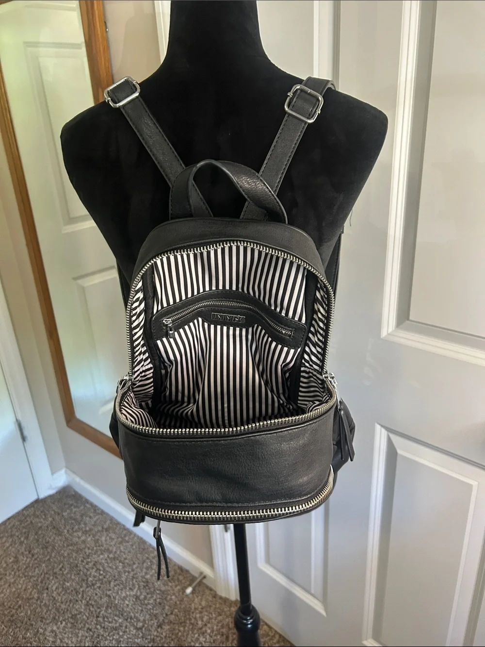 MMS Design Studio Black Leather Mini Backpack with Silver Zippers